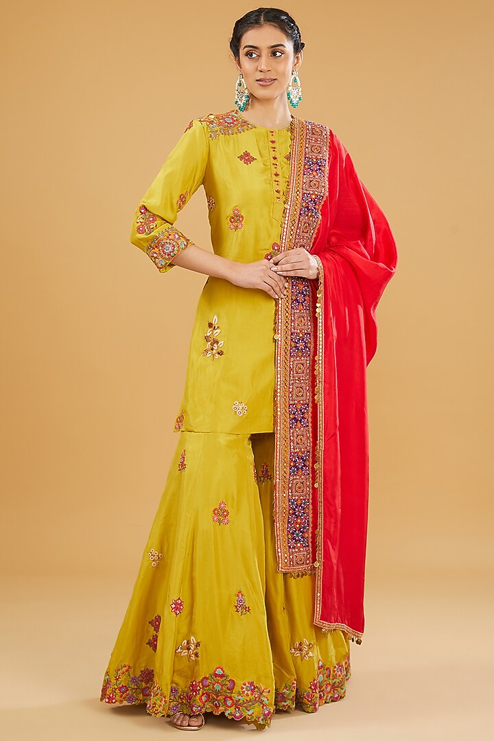 Mehendi Mustard Silk Embroidered Bridal Sharara Set by Debyani at Pernia's Pop Up Shop
