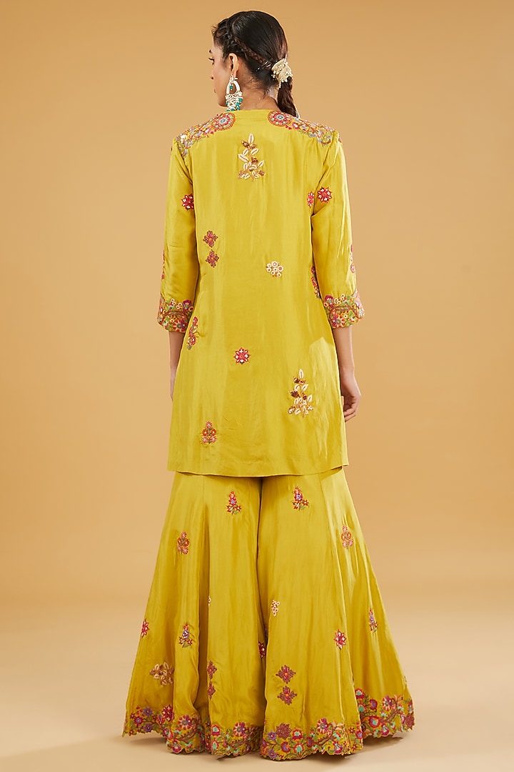 Mehendi Mustard Silk Embroidered Bridal Sharara Set by Debyani at Pernia's Pop Up Shop