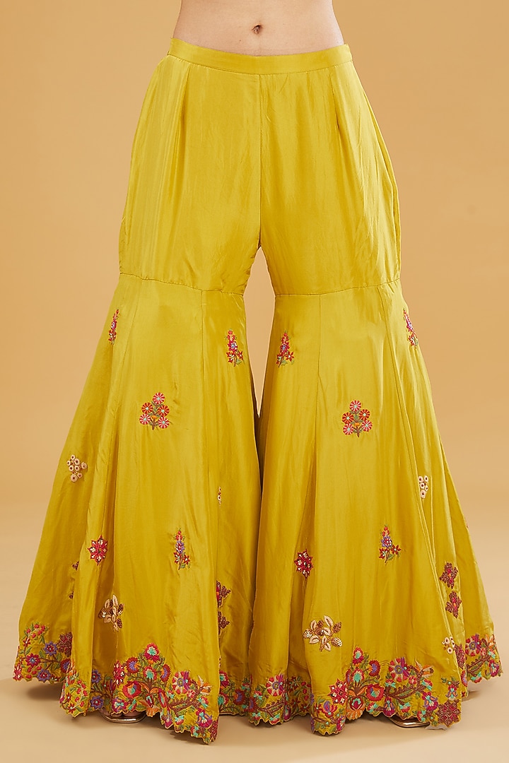 Mehendi Mustard Silk Embroidered Bridal Sharara Set by Debyani at Pernia's Pop Up Shop