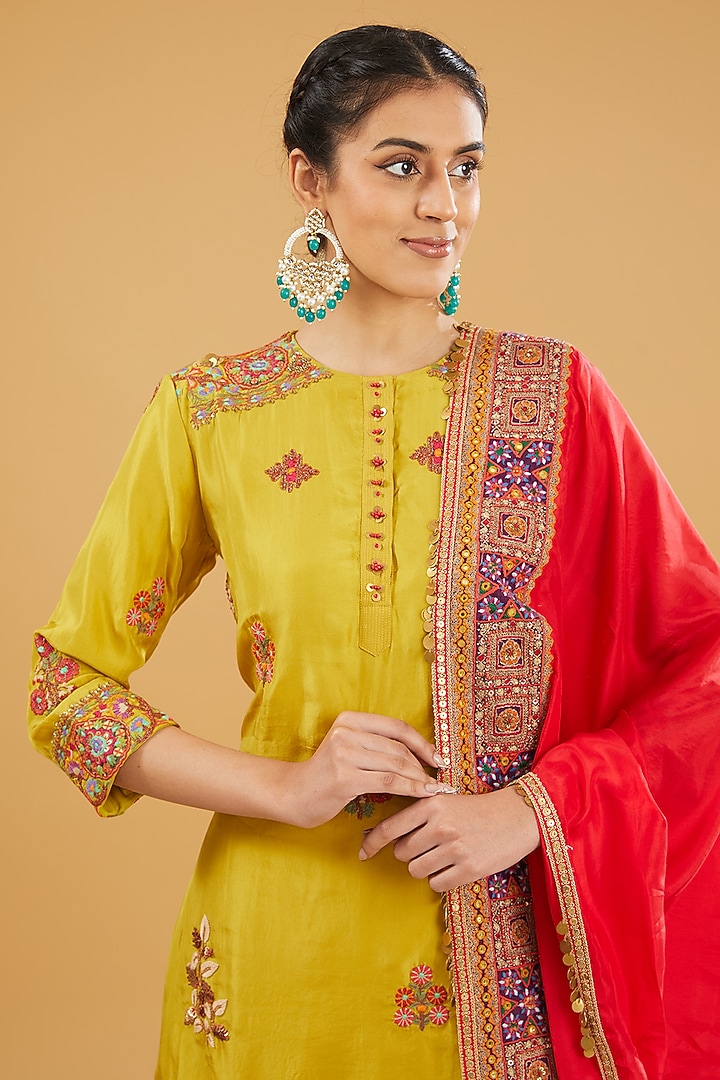 Mehendi Mustard Silk Embroidered Bridal Sharara Set by Debyani at Pernia's Pop Up Shop