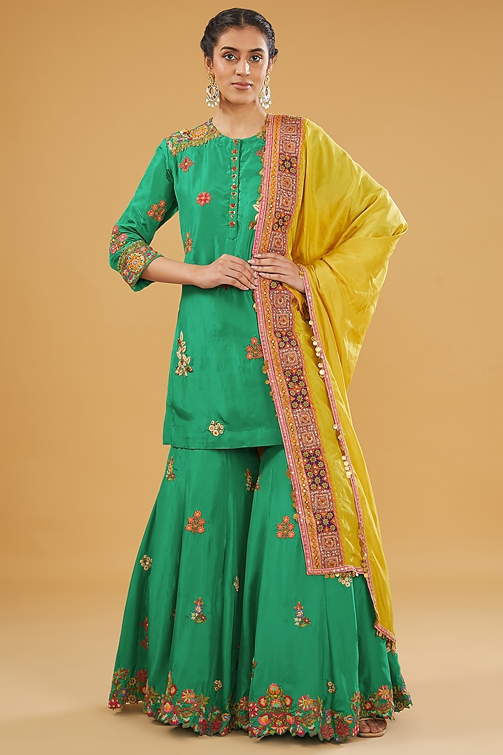 Green Silk Sharara Set by Debyani