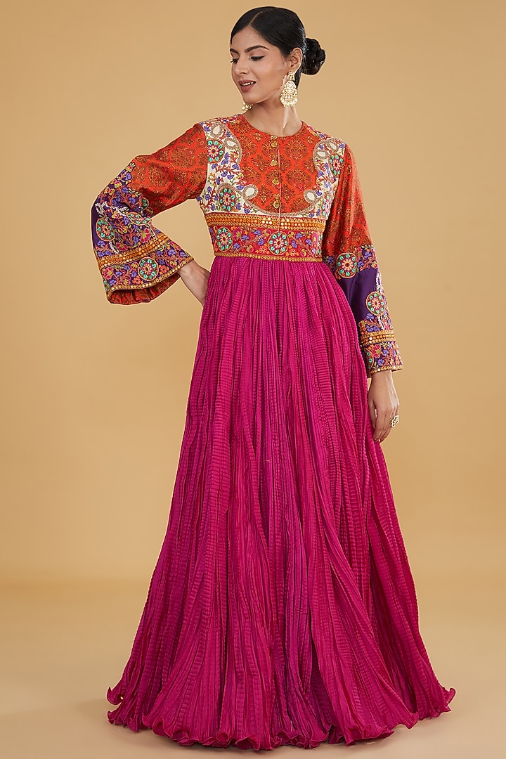 Orange & Pink Chanderi Kalidar Bridal Anarkali by Debyani at Pernia's Pop Up Shop