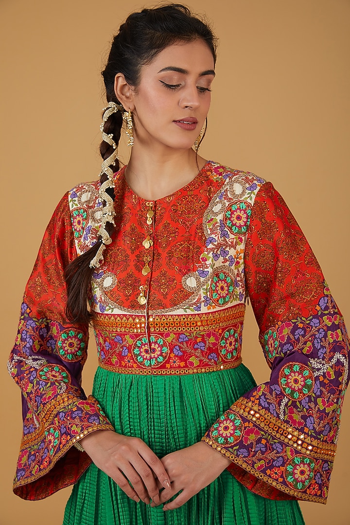 Emerald Green Chanderi Silk Crushed Kalidar Bridal Anarkali by Debyani at Pernia's Pop Up Shop