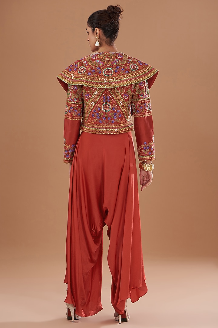 Red Chanderi Mirror Embroidered Jacket Set by Debyani at Pernia's Pop Up Shop