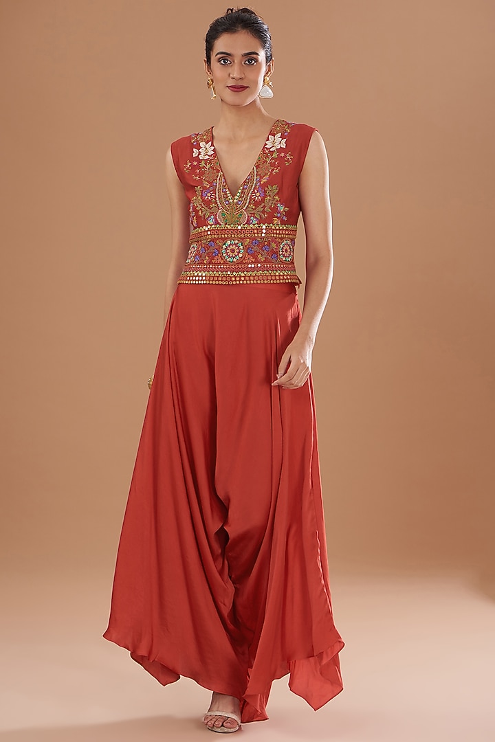 Red Chanderi Mirror Embroidered Jacket Set by Debyani at Pernia's Pop Up Shop