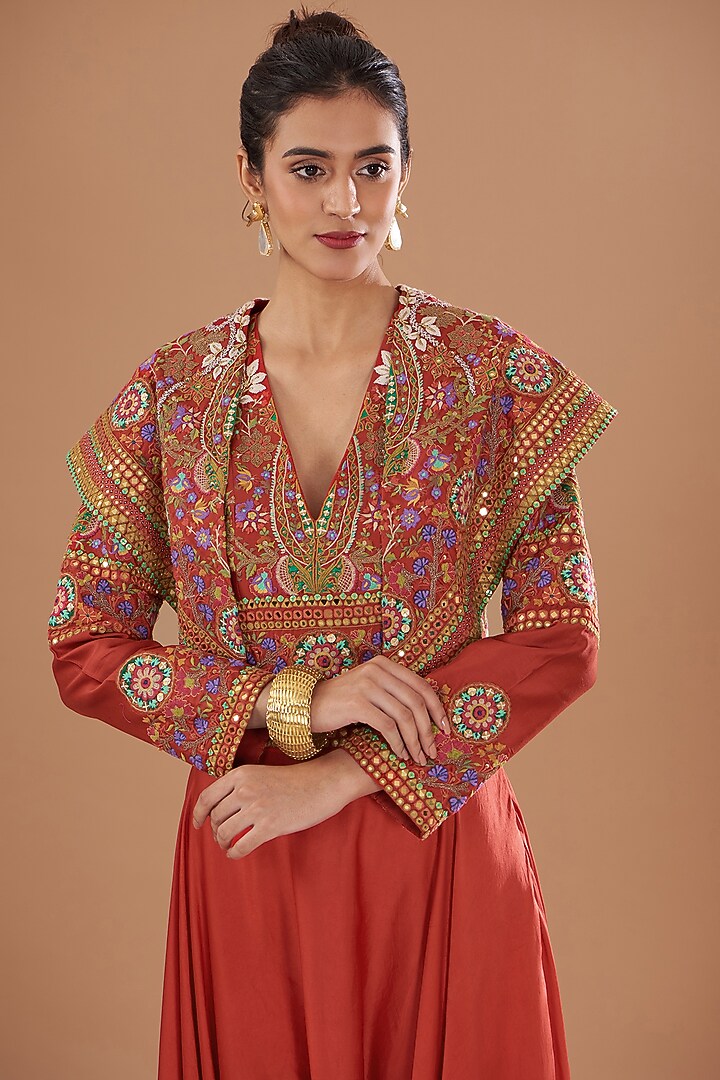 Red Chanderi Mirror Embroidered Jacket Set by Debyani at Pernia's Pop Up Shop