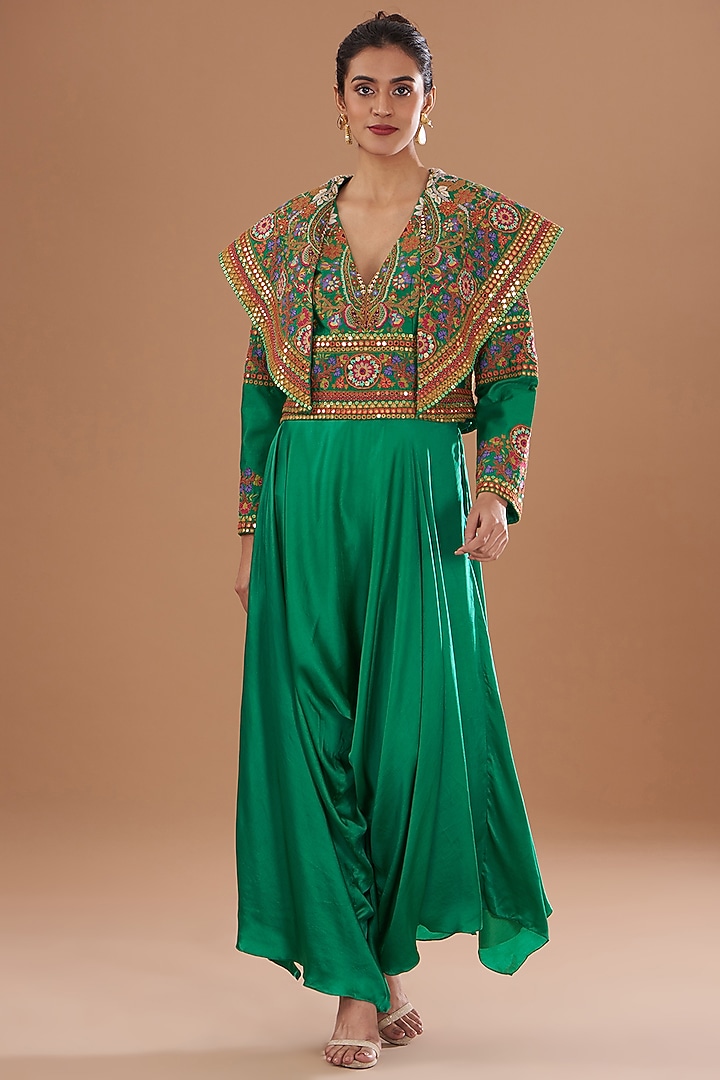 Green Chanderi Mirror Embroidered Jacket Set by Debyani at Pernia's Pop Up Shop