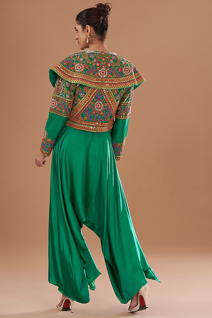 Green Chanderi Mirror Embroidered Jacket Set by Debyani at Pernia's Pop Up Shop