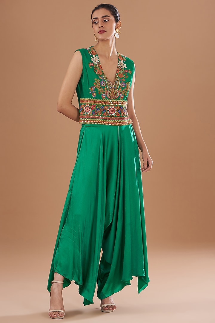 Green Chanderi Mirror Embroidered Jacket Set by Debyani at Pernia's Pop Up Shop