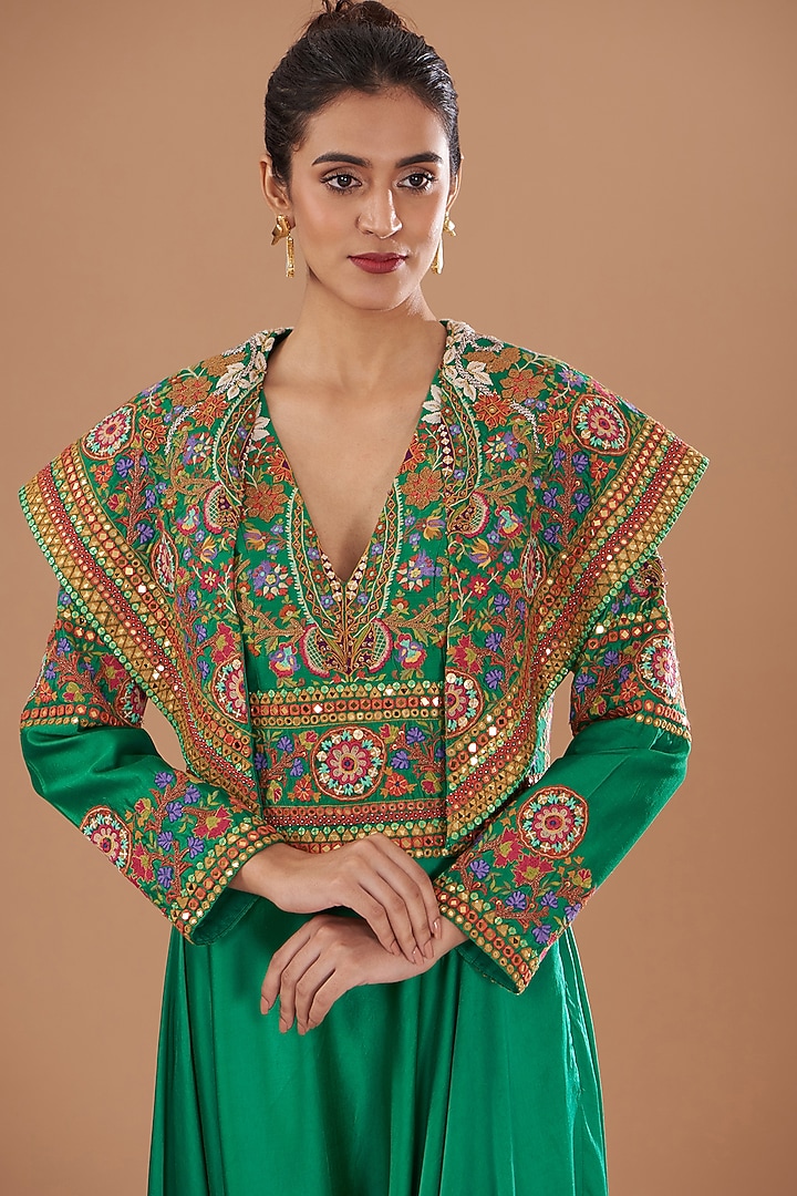Green Chanderi Mirror Embroidered Jacket Set by Debyani at Pernia's Pop Up Shop