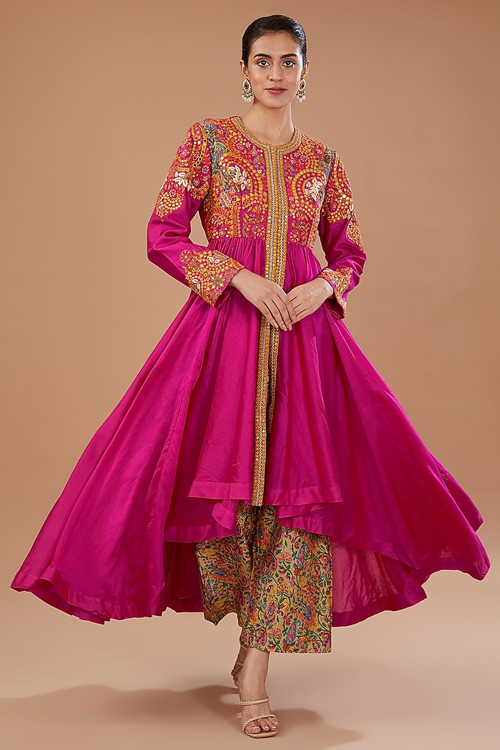 Pink Chanderi Mirror Embroidered Tunic Set by Debyani at Pernia's Pop Up Shop