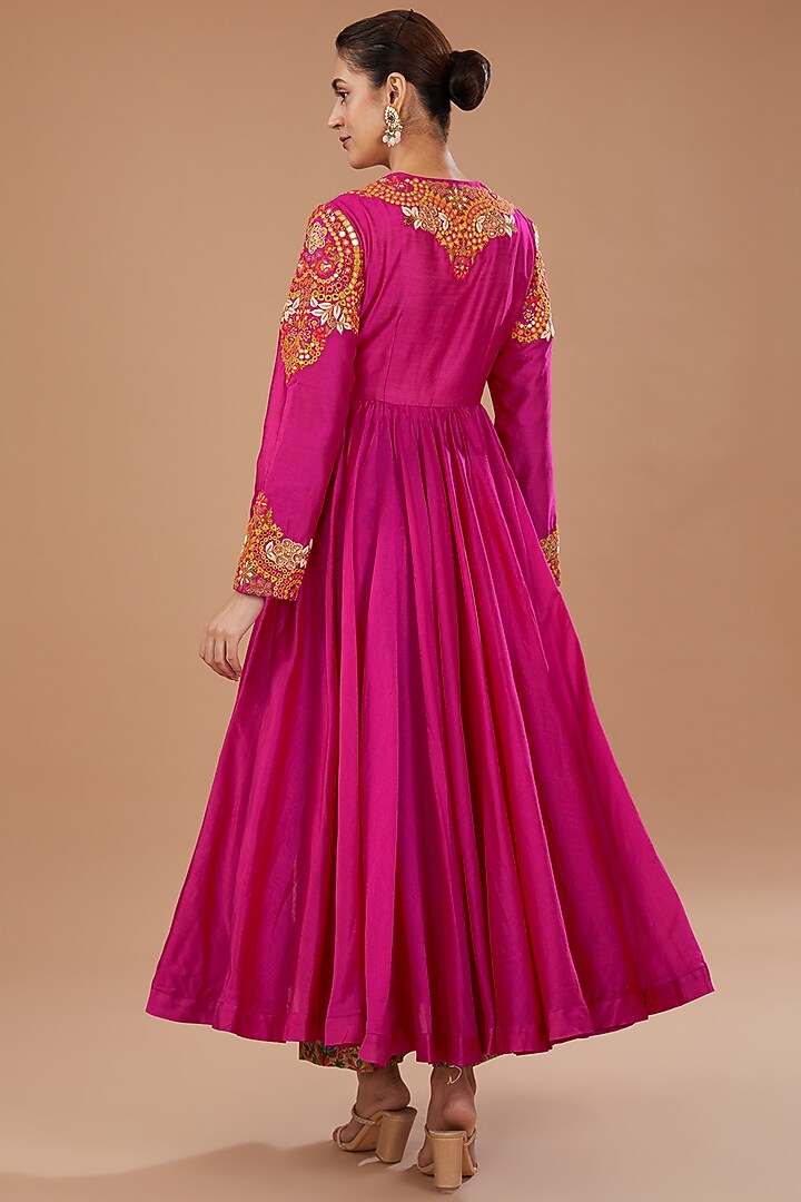 Pink Chanderi Mirror Embroidered Tunic Set by Debyani at Pernia's Pop Up Shop