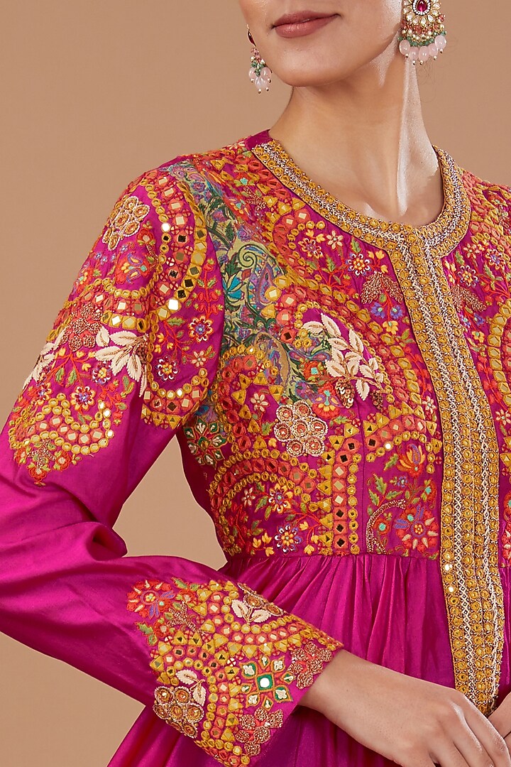 Pink Chanderi Mirror Embroidered Tunic Set by Debyani at Pernia's Pop Up Shop