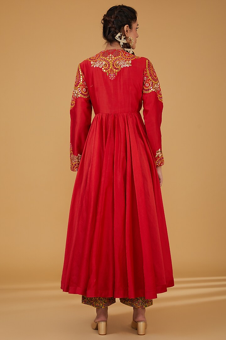 Red Chanderi Silk Mirror Embroidered Tunic Set by Debyani at Pernia's Pop Up Shop