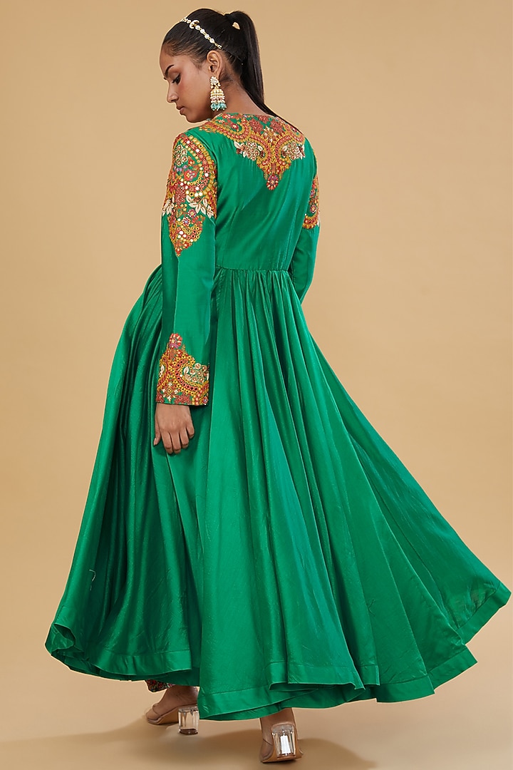 Green Chanderi Silk Mirror Work Tunic Set by Debyani at Pernia's Pop Up Shop