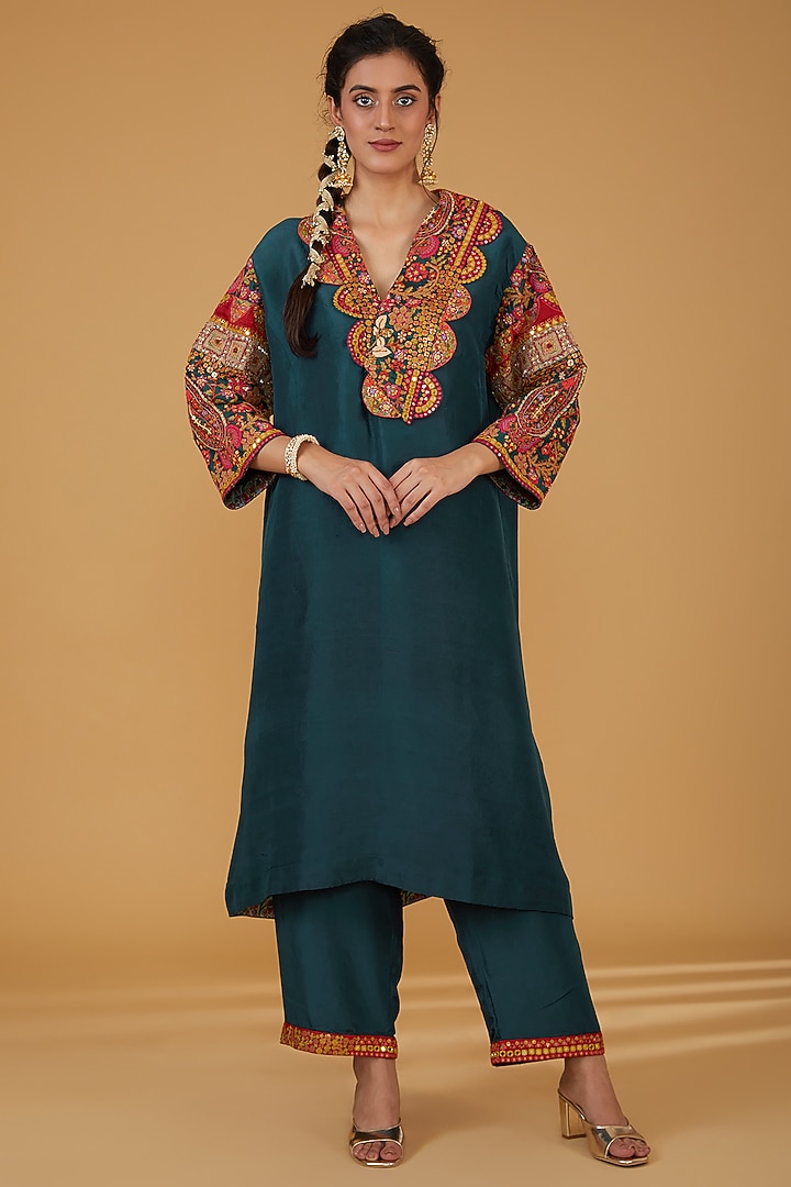 Blue Chanderi Silk Kurta Set by Debyani at Pernia's Pop Up Shop