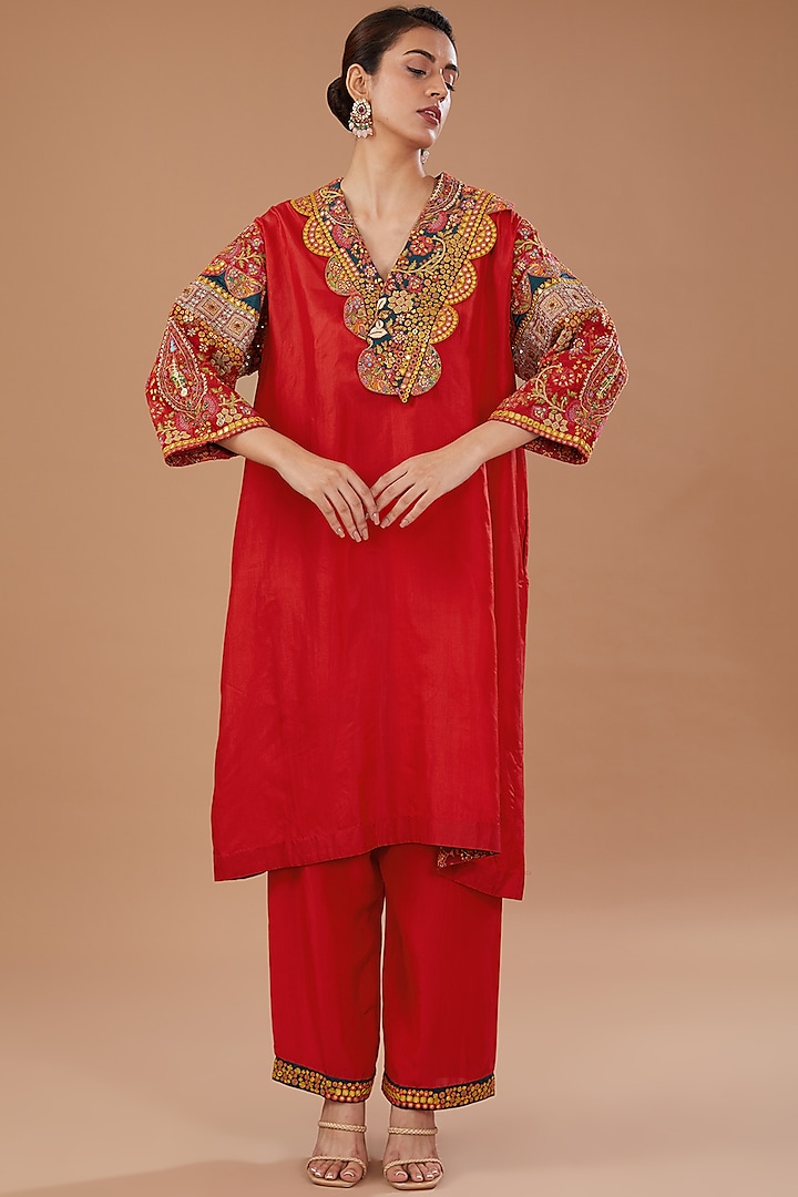 Red Silk Kurta Set by Debyani