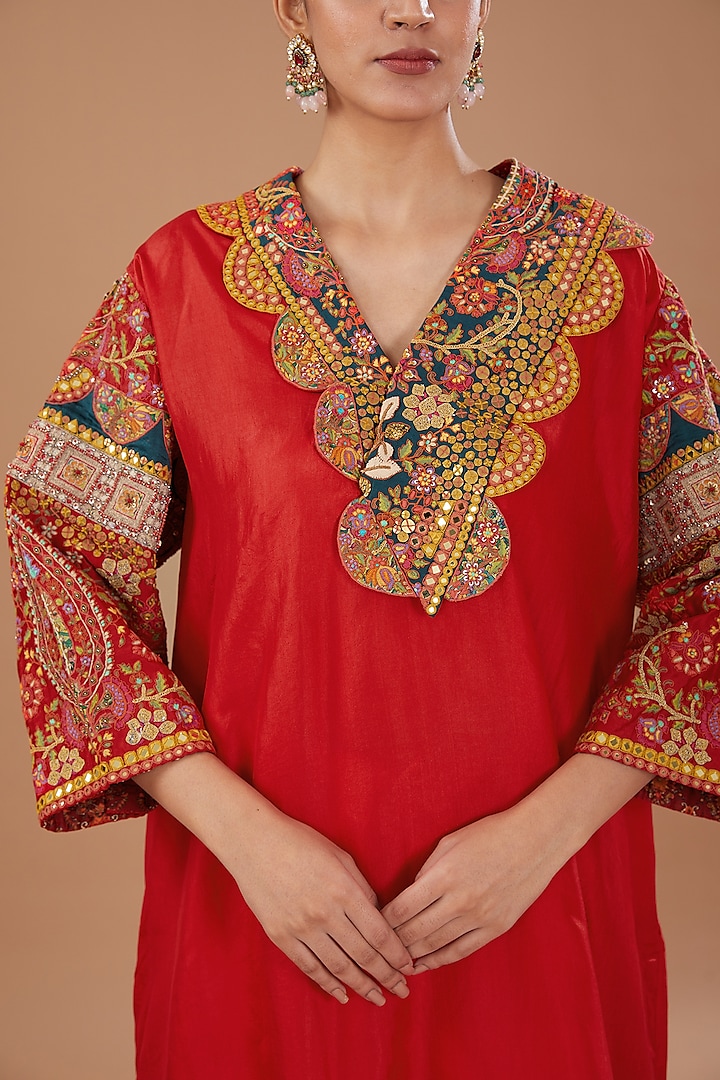 Red Silk Kurta Set by Debyani at Pernia's Pop Up Shop