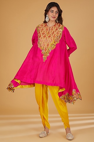Yellow Silk Dhoti Set by Debyani