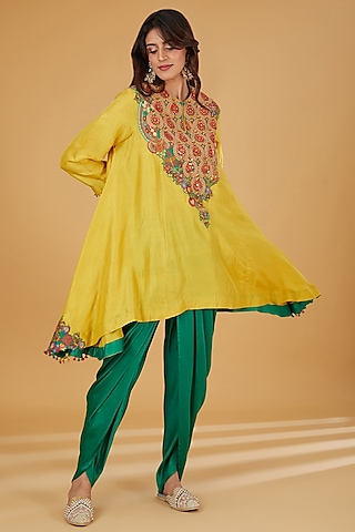 Green Silk Dhoti Set by Debyani