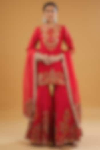 Red Silk Sharara Set by Debyani