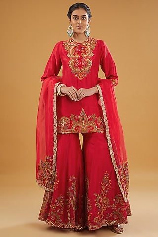 Red Silk Sharara Set by Debyani