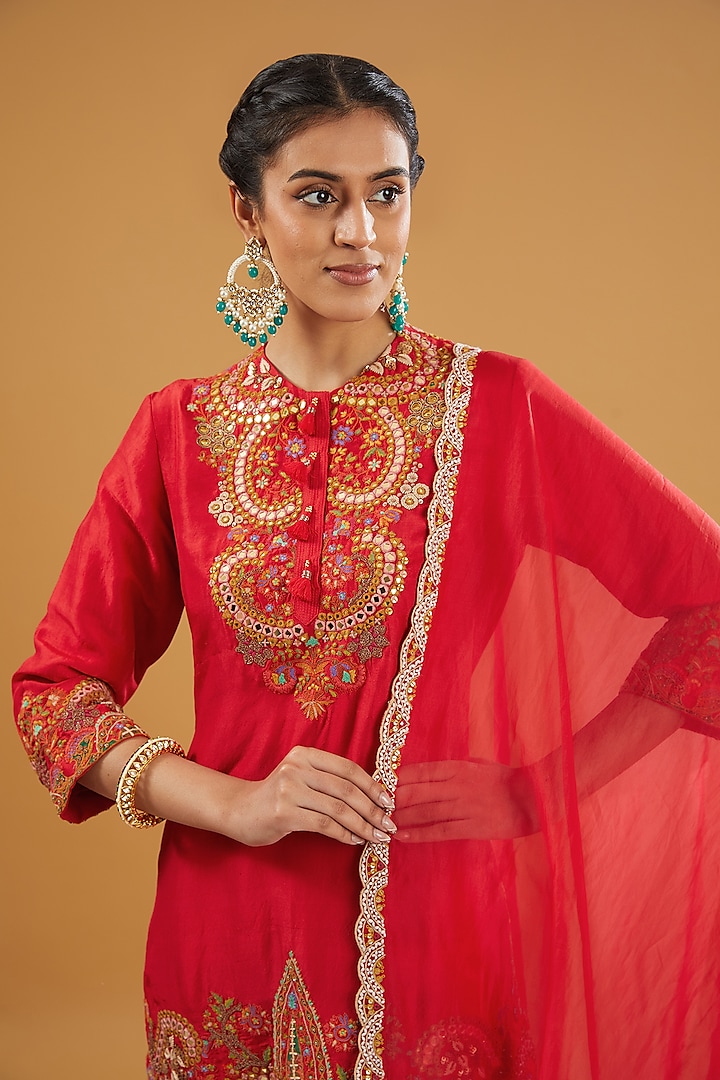 Red Silk Bridal Sharara Set by Debyani at Pernia's Pop Up Shop