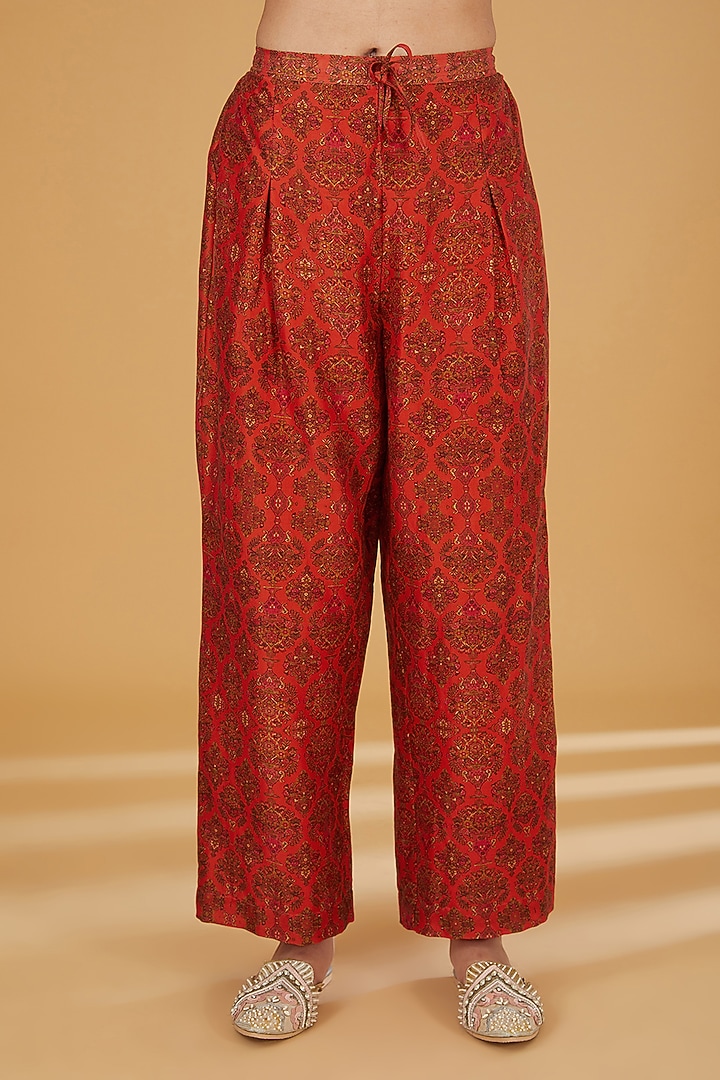 Red Silk Embroidered Kurta Set by Debyani at Pernia's Pop Up Shop