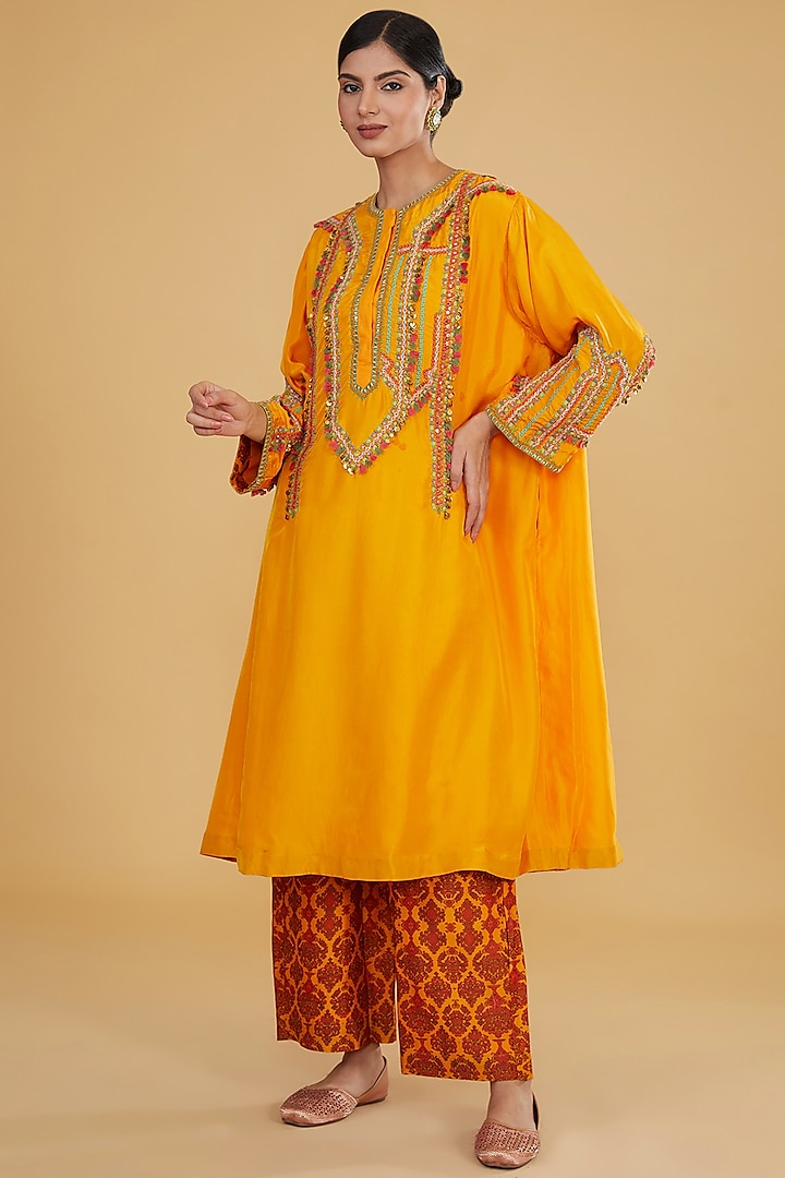 Orange Silk Kurta Set by Debyani