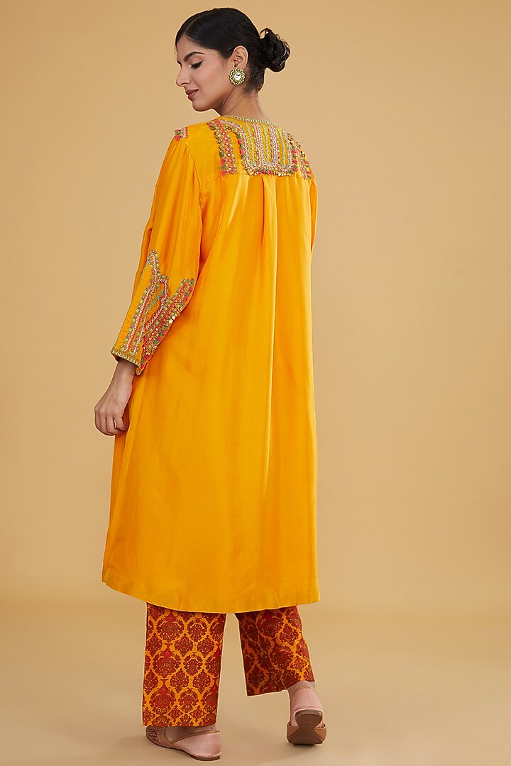 Orange Silk Kurta Set by Debyani at Pernia's Pop Up Shop