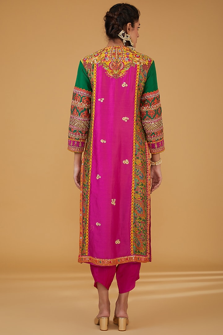 Rani Pink Chanderi Silk Hand Embroidered Kurta Set by Debyani at Pernia's Pop Up Shop