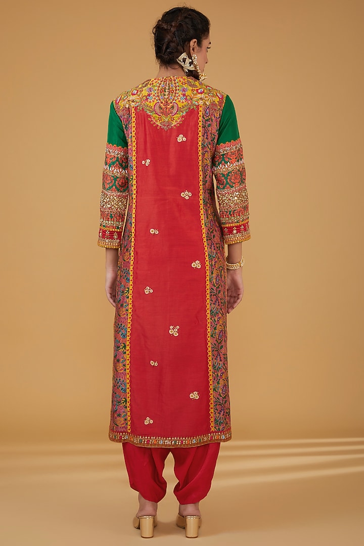 Red Chanderi Silk Hand Embroidered Kurta Set by Debyani at Pernia's Pop Up Shop