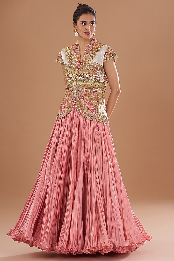 Powder Pink Chanderi Jacket Set by Debyani at Pernia's Pop Up Shop