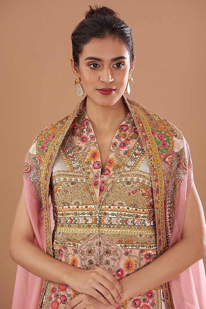 Powder Pink Chanderi Jacket Set by Debyani at Pernia's Pop Up Shop