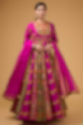 Rani Pink Silk Chanderi & Silk Organza Anarkali Set by Debyani