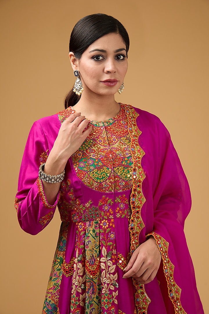 Rani Pink Silk Chanderi & Silk Organza Bridal Anarkali Set by Debyani at Pernia's Pop Up Shop