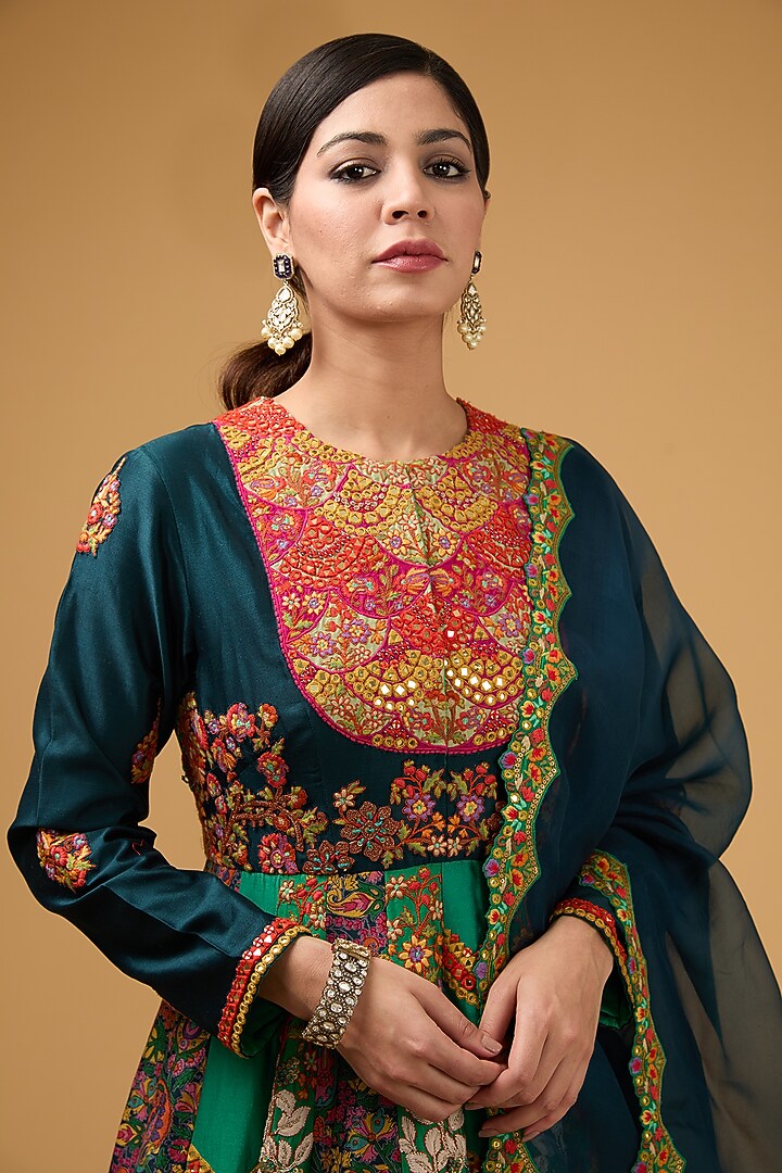 Blue Silk Chanderi & Silk Organza Bridal Anarkali Set by Debyani at Pernia's Pop Up Shop