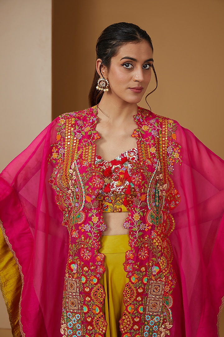 Magenta Organza Mirror Work Cape Set by Debyani at Pernia's Pop Up Shop