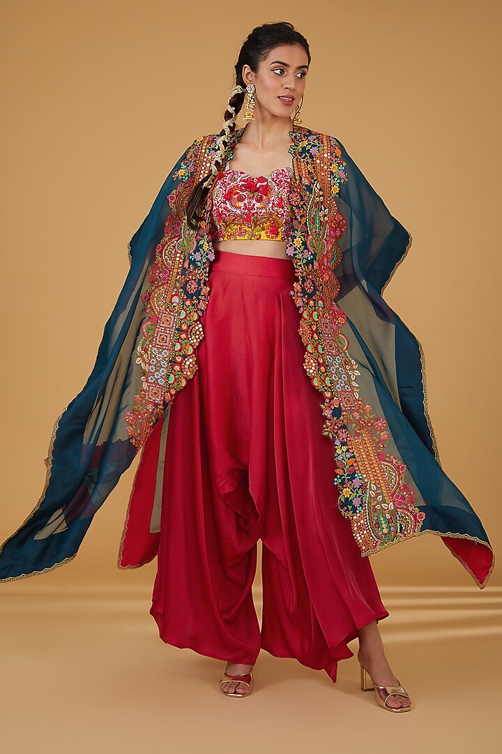 Navy Blue Organza Embroidered Cape Set by Debyani at Pernia's Pop Up Shop