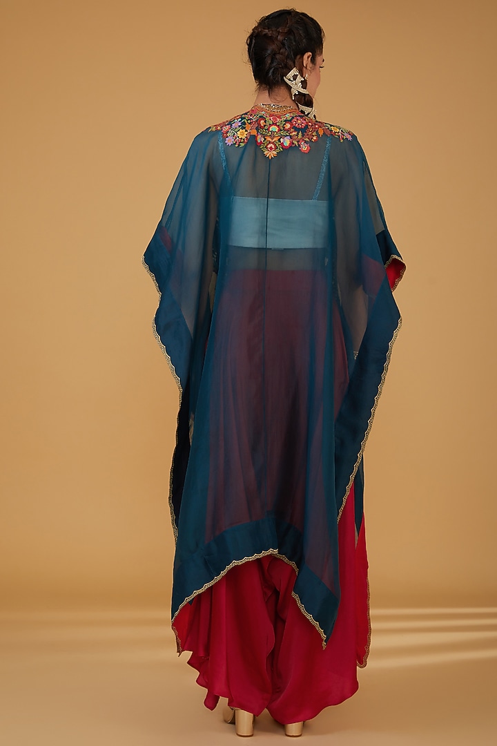 Navy Blue Organza Embroidered Cape Set by Debyani at Pernia's Pop Up Shop