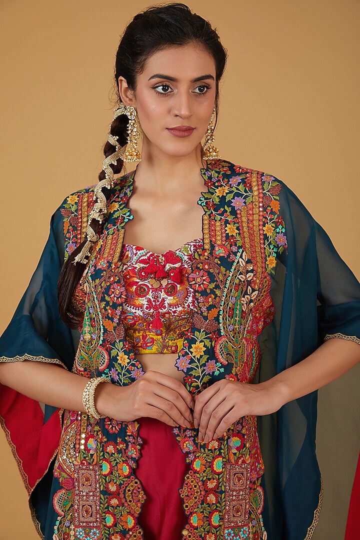 Navy Blue Organza Embroidered Cape Set by Debyani at Pernia's Pop Up Shop