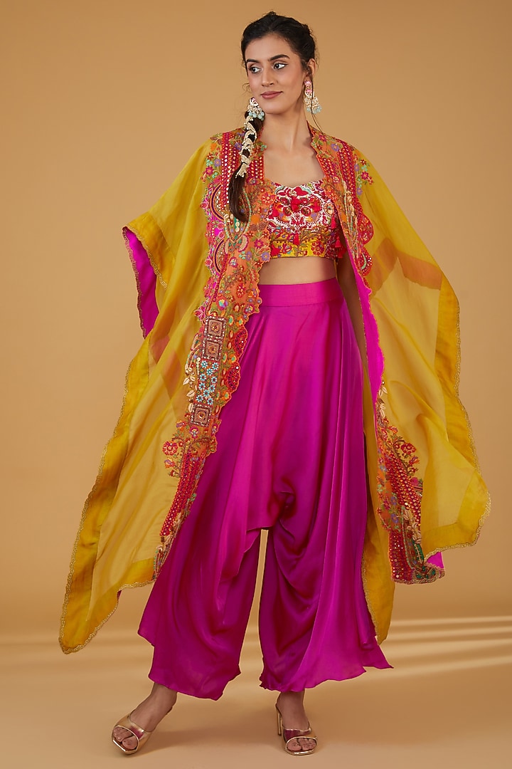 Mustard Organza Embroidered Cape Set by Debyani at Pernia's Pop Up Shop