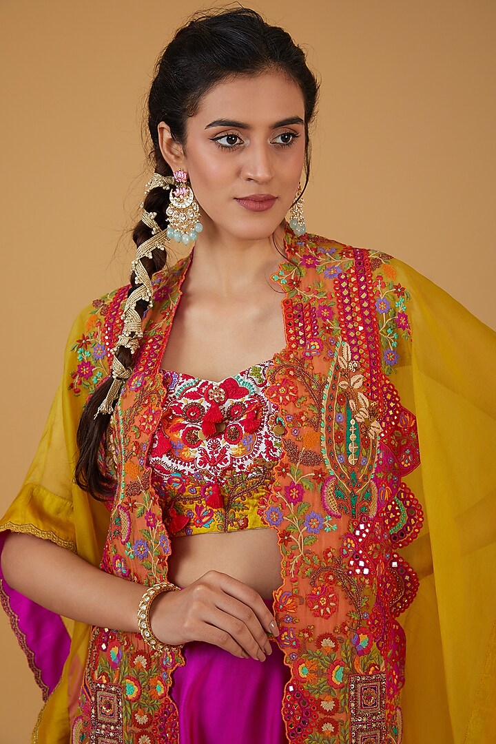 Mustard Organza Embroidered Cape Set by Debyani at Pernia's Pop Up Shop