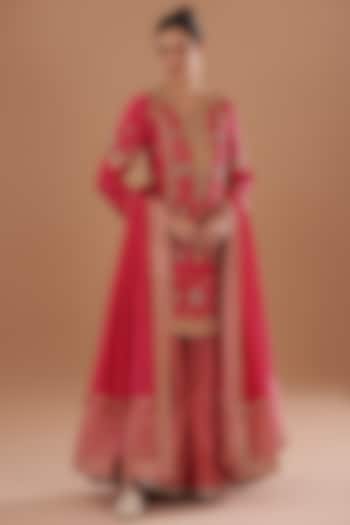 Red Silk Bandhani Sharara Set by Debyani