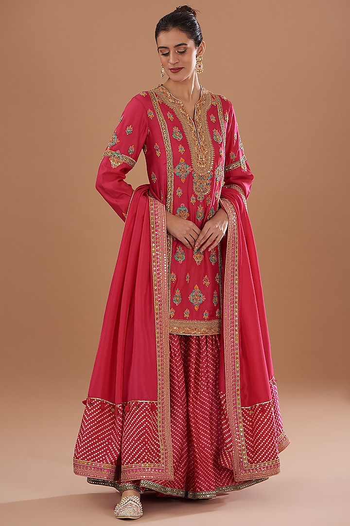 Red Silk Bandhani Sharara Set by Debyani