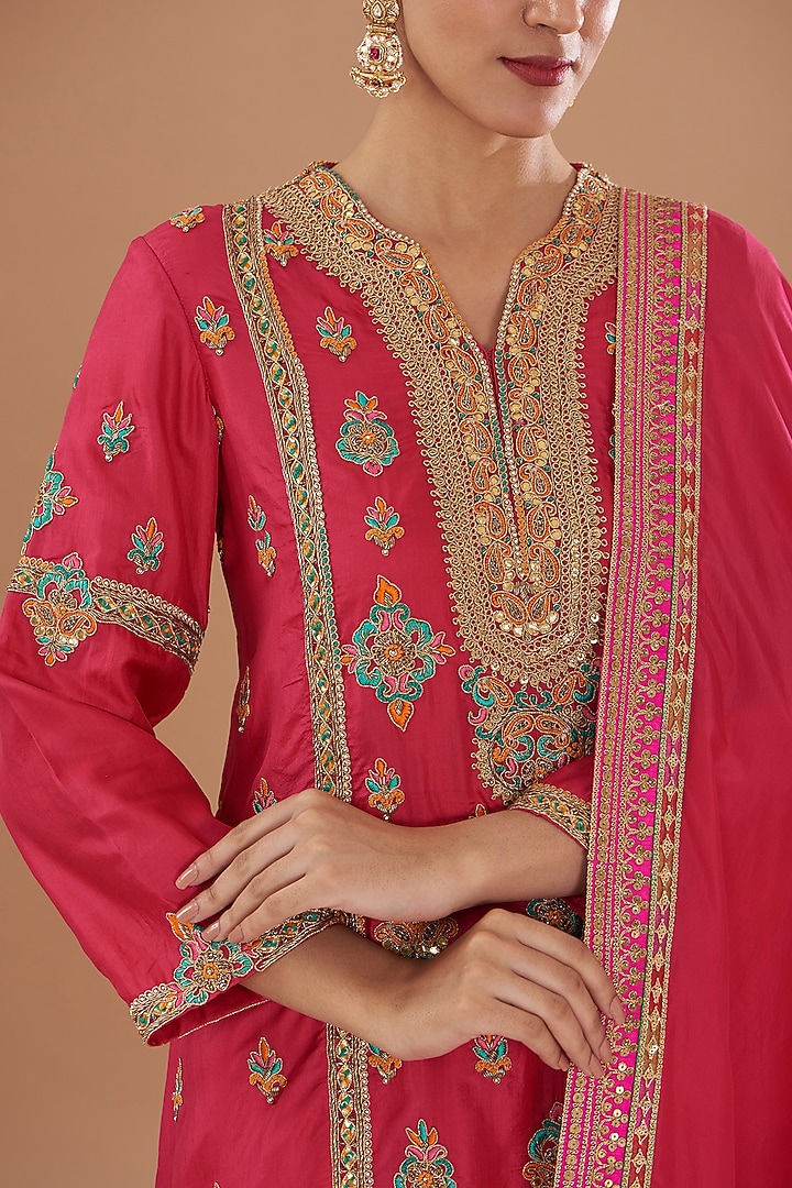 Red Silk Bandhani Bridal Sharara Set by Debyani at Pernia's Pop Up Shop