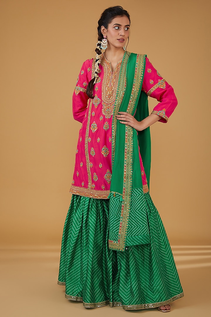 Green Silk Bandhani Printed Sharara Set by Debyani at Pernia's Pop Up Shop