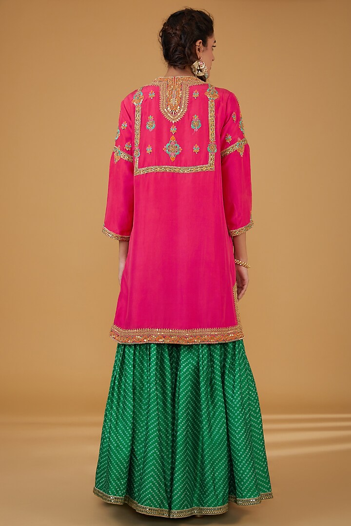 Green Silk Bandhani Printed Bridal Sharara Set by Debyani at Pernia's Pop Up Shop