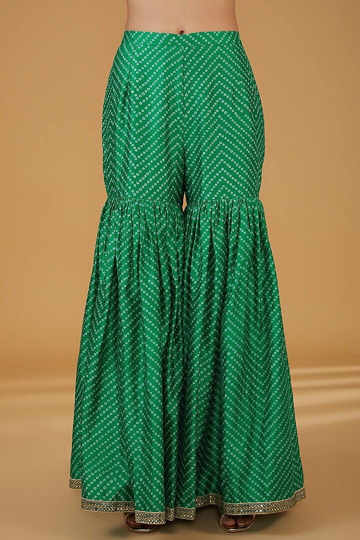 Green Silk Bandhani Printed Bridal Sharara Set by Debyani at Pernia's Pop Up Shop