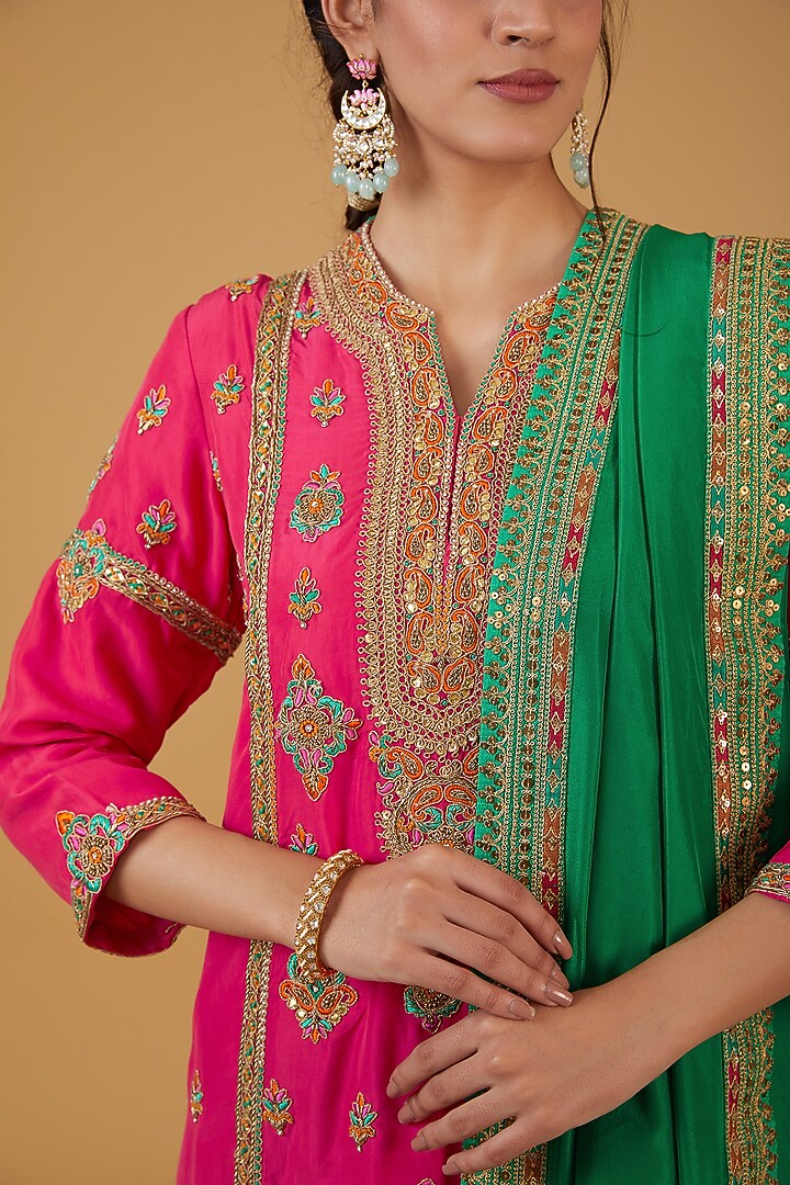 Green Silk Bandhani Printed Bridal Sharara Set by Debyani at Pernia's Pop Up Shop